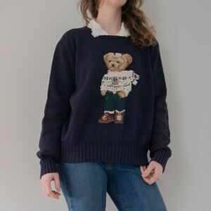 Vintage 90s Polo Ralph Lauren Aviator Bear Knit Cotton Navy Preppy Women Sweater